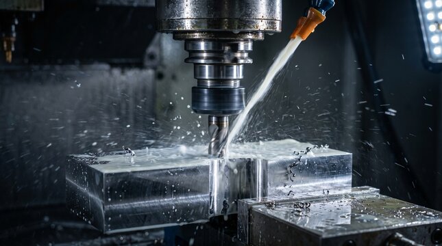 Industrial cnc milling machine cutting a metal part with coolant liquid in a factory workshop setting