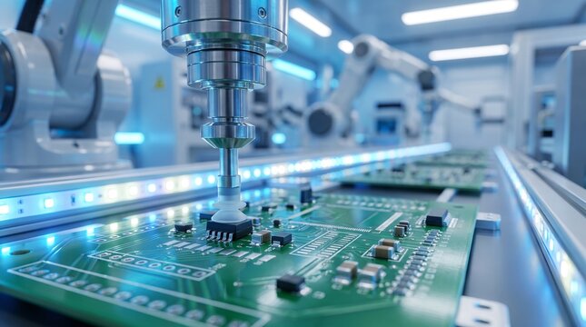 Automated robotic machine manufacturing electronic circuit boards in a modern high tech assembly factory