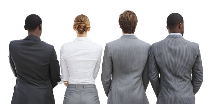 Four business professionals in formal suits stand in a row facing away from the viewer against a plain white background