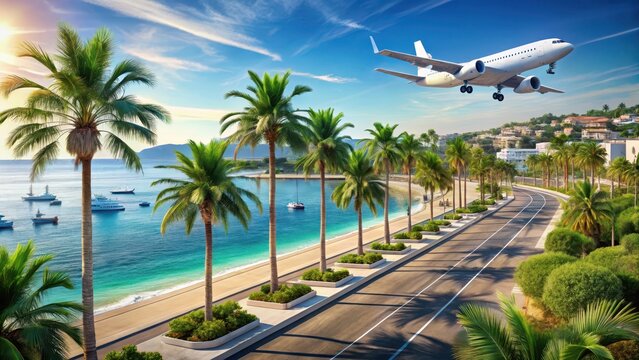 A tranquil french riviera airport scene unfolds with majestic mediterranean views swaying palm trees and sleek white airplanes nestled among crystalcl