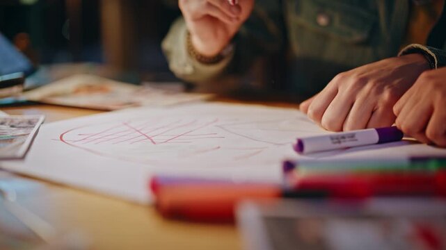 Closeup designer hands sketching marker drawing on paper. Creative brainstorm.