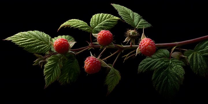 Bright red raspberries grow on green leafy branches against black background