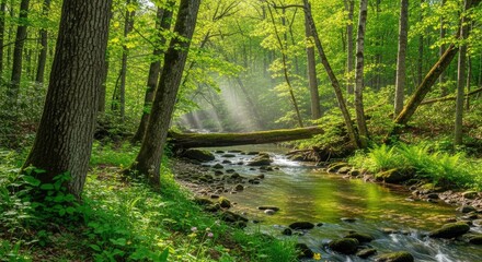 Sunlit forest scene with a flowing stream and lush green trees landscape © Sepri
