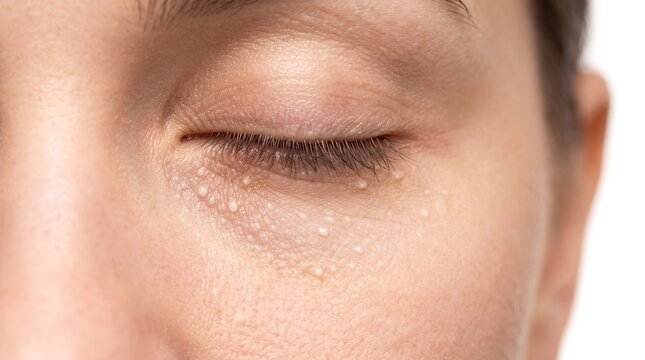 Extreme close up of closed eye with multiple white milia spots and tiny keratin filled cysts on the eyelid skin