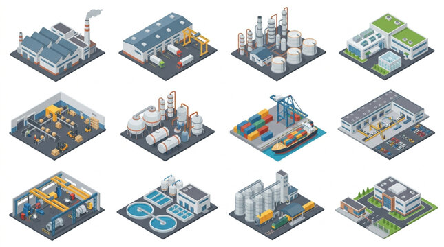 Isometric Industrial Factory Complexes and Buildings.