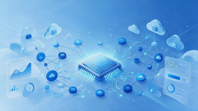 Cloud Computing and Data Processing with Computer Chip 3D Illustration