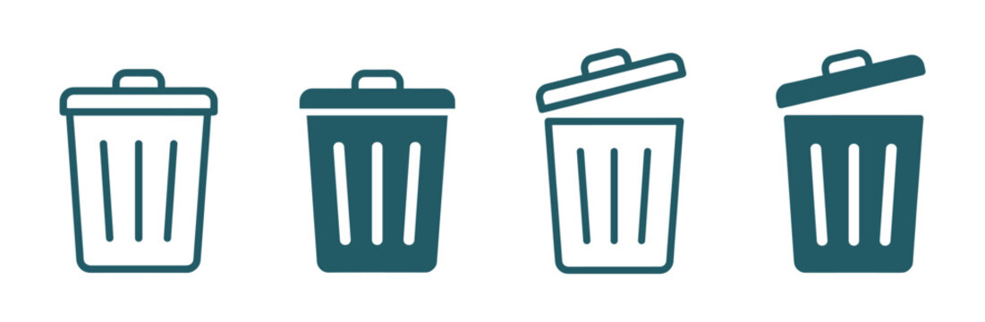 Collection of four stylized trash can icons with different lid positions indicating removal and disposal concepts