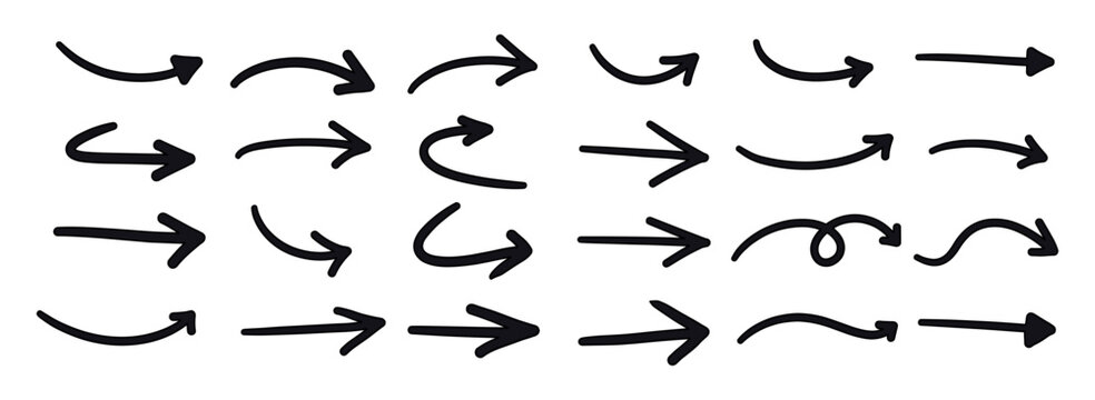 Collection of diverse hand drawn black arrows pointing in various directions and styles on a white background symbolizing direction choice and movement