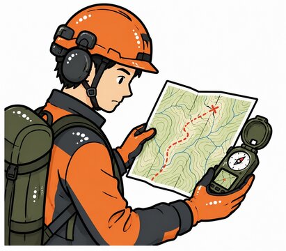 地図とコンパスで方向を確認しながら登山道を探索する男性登山家のイラスト