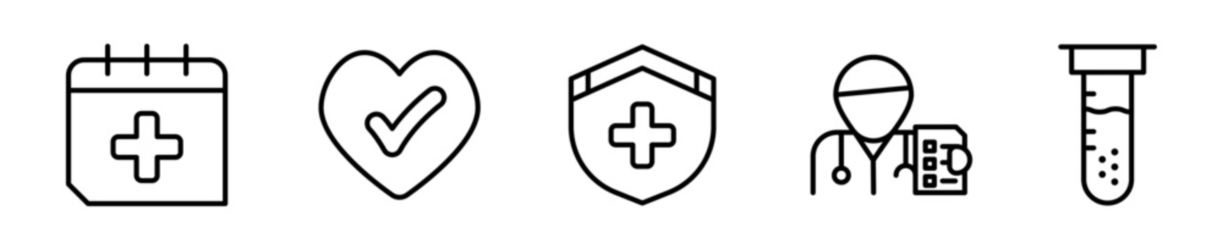 Set de iconos salud preventiva chequeo m&eacute;dico an&aacute;lisis 5 piezas outline vector