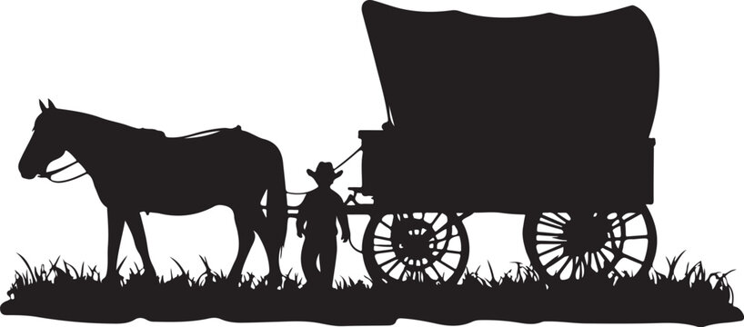 Silhouette of a horse pulling a covered wagon with a cowboy standing next to it on