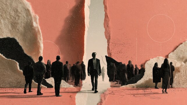 Narrow slit cut through solid ground revealing a lighter space beyond as figures walk toward it, rendered as a minimalist halftone paper collage
