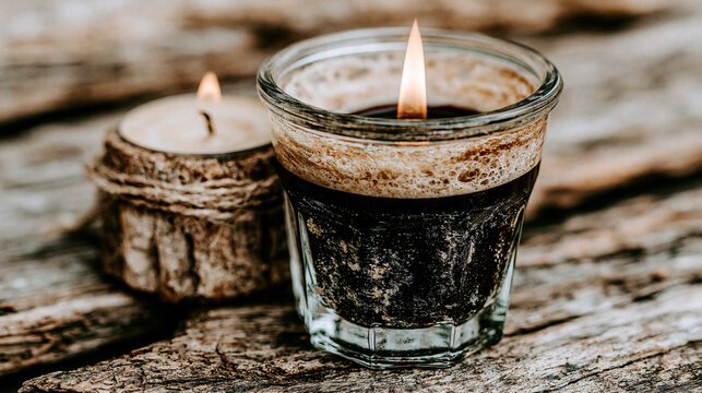Lit candle in a glass holder on a textured wooden surface with still life, interior design