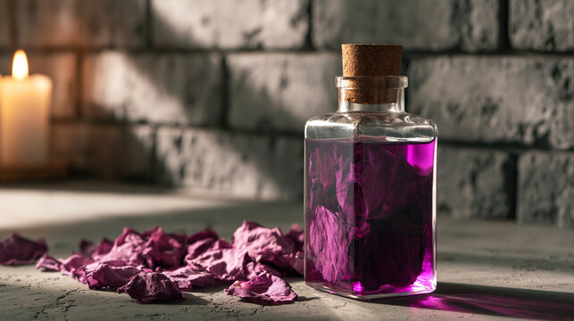 Purple aromatherapy oil in a glass bottle with rose petals essential oil still life