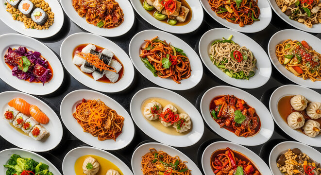 Overhead view of diverse korean banchan dishes in small white plates