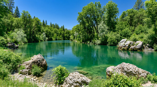 Crystal clear emerald river flowing through lush green forest with landscape, turquoise