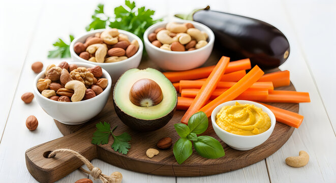 Healthy and colorful snack platter with nuts vegetables and dip