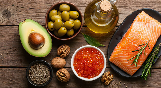 Healthy mediterranean diet salmon avocado olives and walnut arrangement