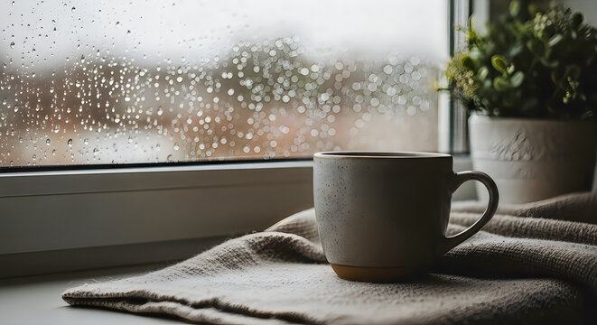Cozy rainy day scene with coffee mug and window view