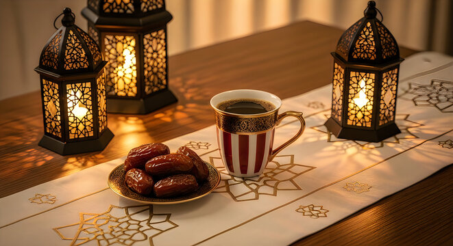 Ramadan iftar still life dates coffee and ornamental lanterns