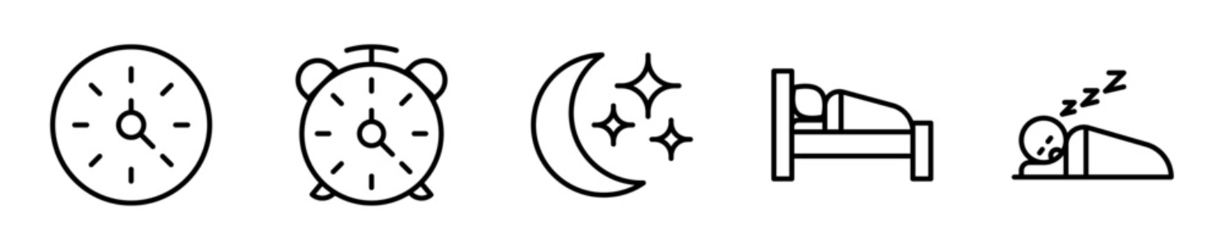 Set de iconos sue&ntilde;o descanso dormir cama alarma 5 piezas outline vector