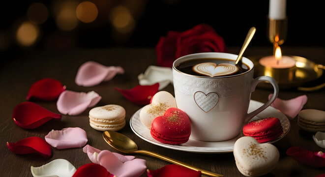 Romantic valentine's day coffee setup with macarons and rose petals