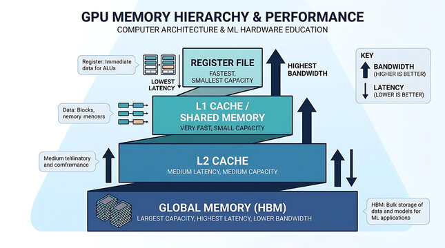 GPU Memory Hierarchy Global HBM L2 Cache L1 Shared Memory Register File Bandwidth Latency Diagram