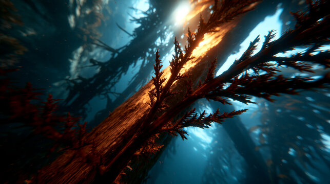 Low angle view of dense forest tree branches with golden sunlight streaming through