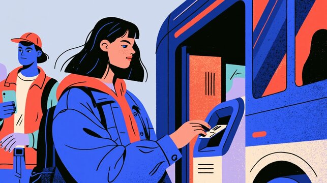 Woman tapping a travel card onto a reader as she boards a rail carriage, in a clean flat illustration style with copy space