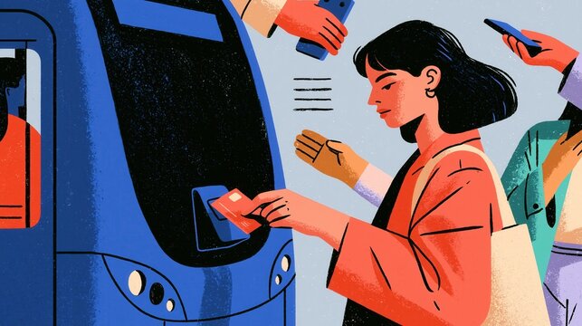 Woman tapping a travel card onto a reader as she boards a rail carriage, as a modern flat vector concept illustration