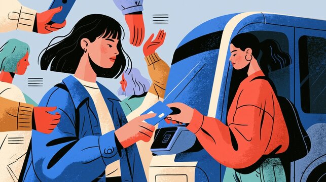 Woman tapping a travel card onto a reader as she boards a rail carriage, drawn as a bold contemporary editorial illustration