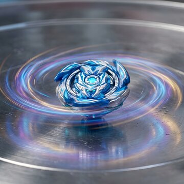 Spinning Toy with Vibrant Blue and Silver Details Creating a Dazzling Display of Light Trails on a Reflective Metallic Surface