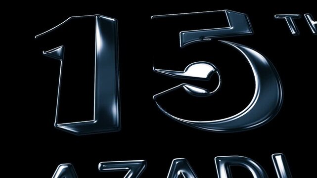 Unique silver blue typography celebrating 15th Azadi with black background. creative patriotic design in 4k
