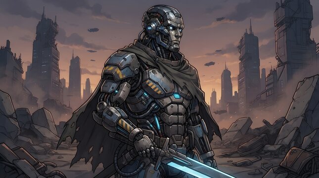 Futuristic Cyberpunk Robot Warrior Standing in a Post Apocalyptic City