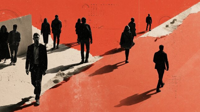 One long diagonal cut running corner to corner across an otherwise solid colour field, as a bold editorial collage illustration with copy space