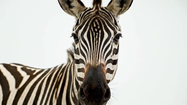 Detailed Zebra Head and Neck Portrait with Black and White Stripe Pattern on White Background