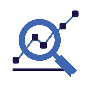 Analytics icon of magnifying glass with line chart. data analysis, business reporting, insights, dashboard analytics, monitoring, research, data visualization