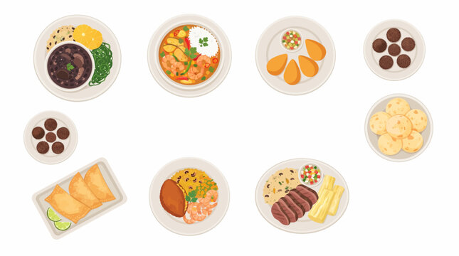 Brazilian cuisine served on plates. Traditional dishes and desserts for cultural dining experiences.