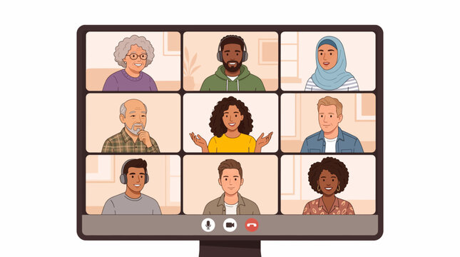 Diverse virtual support group meeting. Online community of multicultural people sharing experiences.