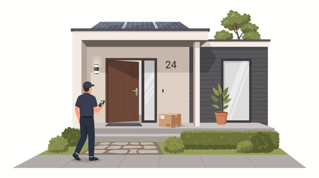 Delivery package arriving at modern home. 