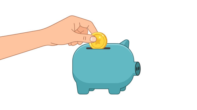 Hand placing coin into piggy bank for savings. Financial growth and money management concept.