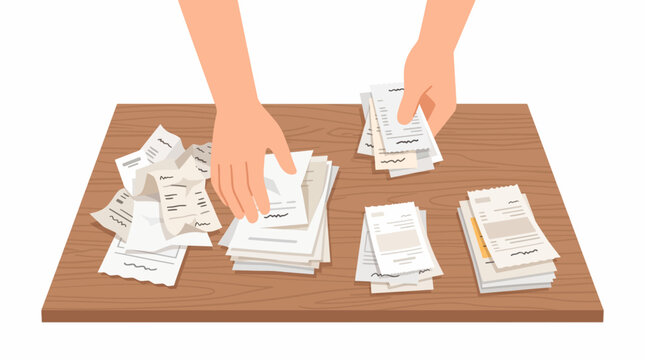 Hands organizing paper bills on desk. Managing finances with paperwork and receipts.