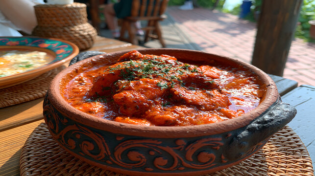 Clay pot stew with meat and savory sauce served warm traditional homemade earthenware
