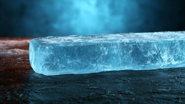 Clear rectangular block of ice on dark textured stone with background, refreshing