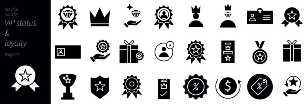 VIP Status and Loyalty Program Solid Icons Set &ndash; Premium Membership, Rewards, Crown, Diamond, Badge, Medal, Gift, Trophy and Exclusive Member Symbols in Modern Glyph Vector Collection
