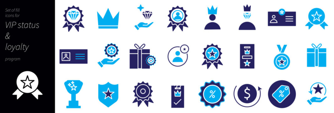 VIP Status and Loyalty Program Solid Icons Set &ndash; Premium Membership, Rewards, Crown, Diamond, Badge, Medal, Gift, Trophy and Exclusive Member Symbols in Modern Glyph Vector Collection