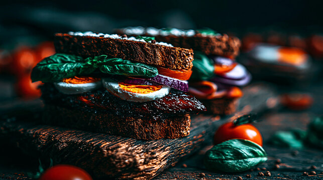 Artisanal rye bread sandwich with boiled eggs tomatoes and green leafy vegetables