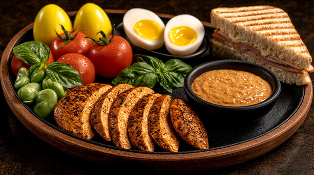 Healthy meal plate with grilled chicken breast slices tomatoes and boiled eggs, tomatoes