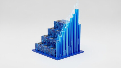 Fototapeta premium Tiered Cobalt Blue Microchip Architecture Rising Financial Chart Isolated on White Background