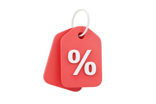 A pair of red rectangular price tags with a white percentage symbol, hanging from a white string, rendered in a3d style on a white background